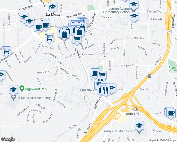 map of restaurants, bars, coffee shops, grocery stores, and more near in La Mesa