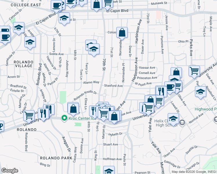 map of restaurants, bars, coffee shops, grocery stores, and more near 4395 70th Street in La Mesa