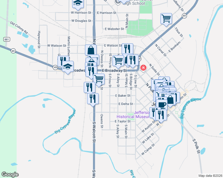 map of restaurants, bars, coffee shops, grocery stores, and more near 311 South Friou Street in Jefferson