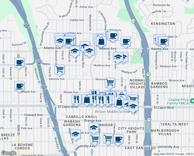 map of restaurants, bars, coffee shops, grocery stores, and more near 4515 35th Place in San Diego