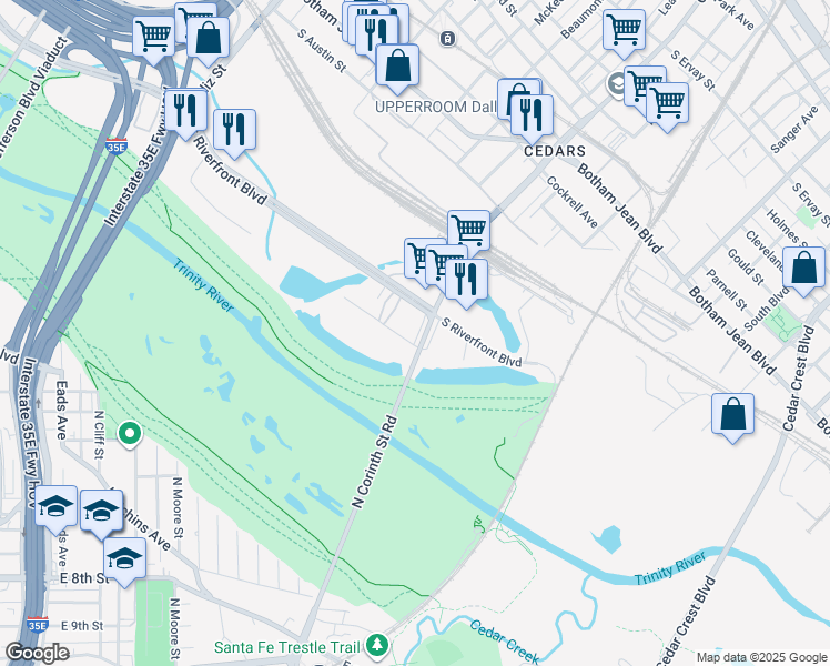 map of restaurants, bars, coffee shops, grocery stores, and more near 103 Corinth Street in Dallas