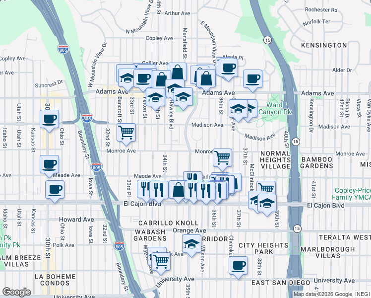 map of restaurants, bars, coffee shops, grocery stores, and more near 3488 Monroe Avenue in San Diego
