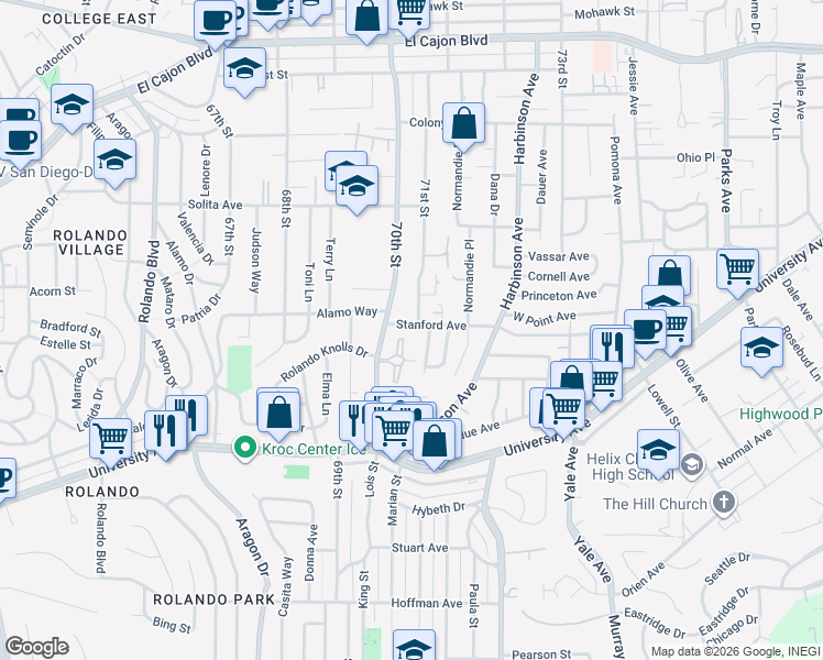 map of restaurants, bars, coffee shops, grocery stores, and more near 7051 Stanford Avenue in La Mesa