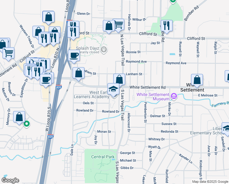 map of restaurants, bars, coffee shops, grocery stores, and more near 8901 White Settlement Road in White Settlement