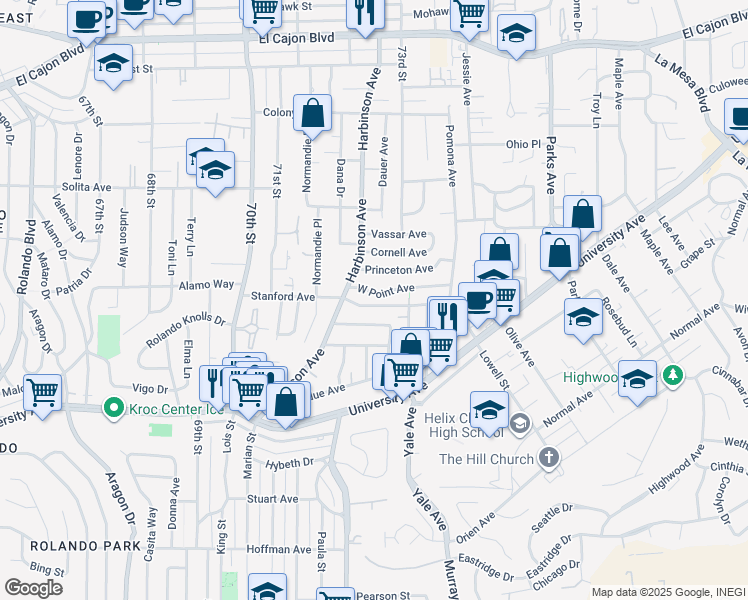 map of restaurants, bars, coffee shops, grocery stores, and more near 7236 Berkeley Drive in La Mesa