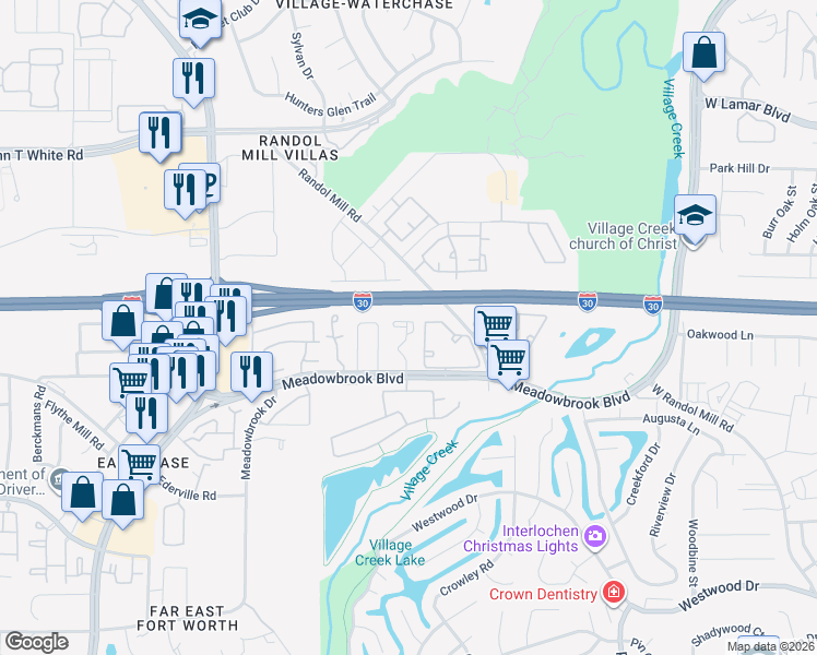 map of restaurants, bars, coffee shops, grocery stores, and more near 1401 Randol Crossing Lane in Fort Worth