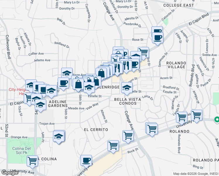 map of restaurants, bars, coffee shops, grocery stores, and more near 5954 Estelle Street in San Diego