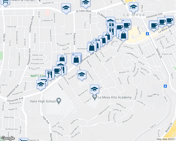map of restaurants, bars, coffee shops, grocery stores, and more near 4437 Rosebud Lane in La Mesa