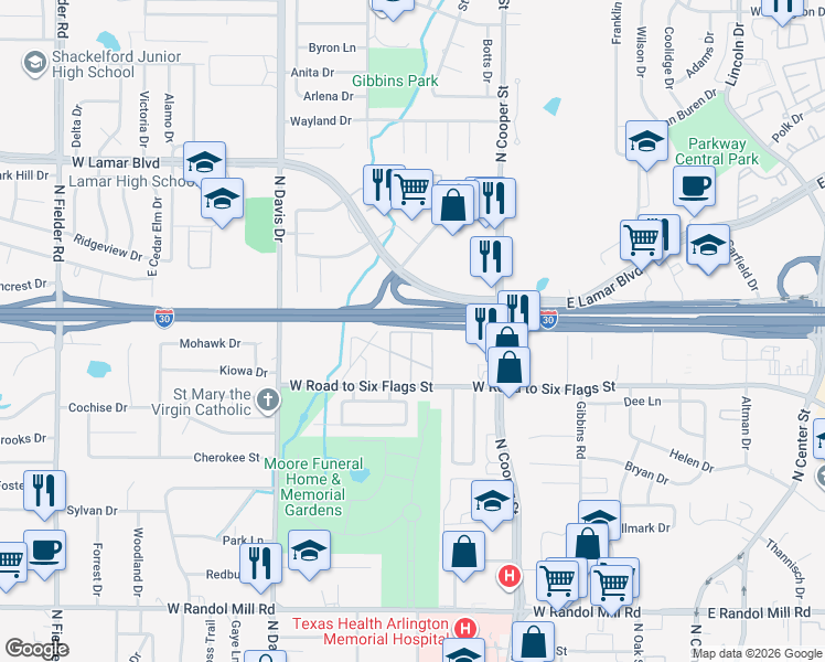 map of restaurants, bars, coffee shops, grocery stores, and more near 101-191 Tom Landry Fwy in Arlington