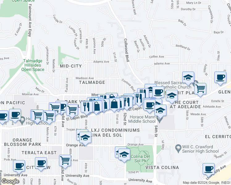 map of restaurants, bars, coffee shops, grocery stores, and more near 4514 51st Street in San Diego
