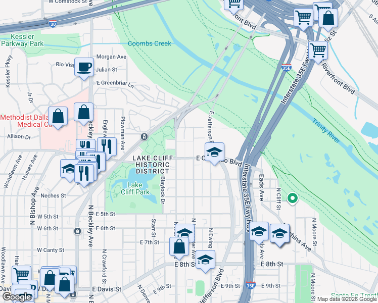 map of restaurants, bars, coffee shops, grocery stores, and more near 925 North Lancaster Avenue in Dallas