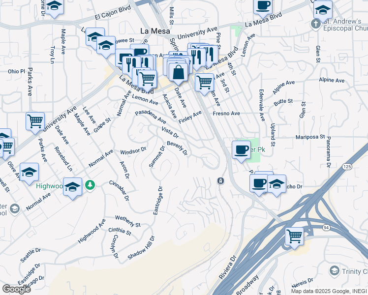 map of restaurants, bars, coffee shops, grocery stores, and more near 8174 Vista Drive in La Mesa