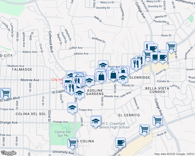 map of restaurants, bars, coffee shops, grocery stores, and more near in San Diego