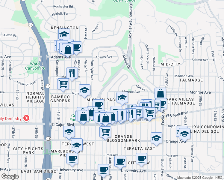 map of restaurants, bars, coffee shops, grocery stores, and more near 4418 Monroe Avenue in San Diego