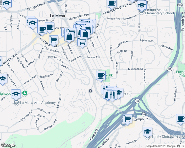map of restaurants, bars, coffee shops, grocery stores, and more near 4460 Palm Avenue in La Mesa