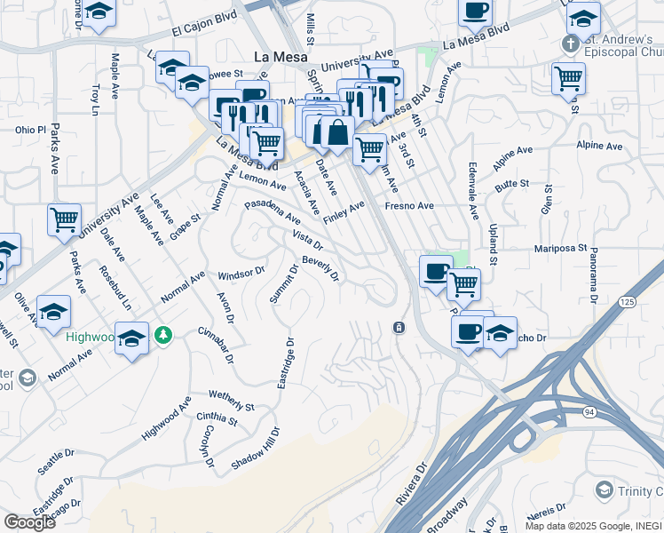 map of restaurants, bars, coffee shops, grocery stores, and more near 8174 Vista Drive in La Mesa