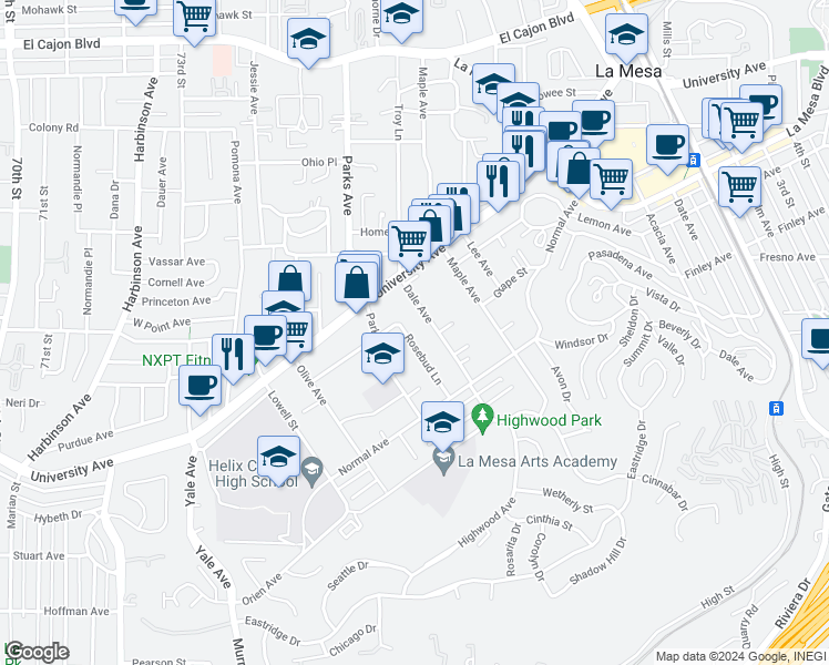 map of restaurants, bars, coffee shops, grocery stores, and more near 4460 Dale Avenue in La Mesa