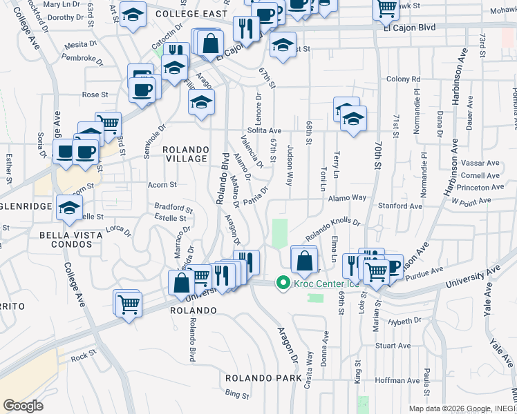 map of restaurants, bars, coffee shops, grocery stores, and more near 4525 Patria Drive in San Diego