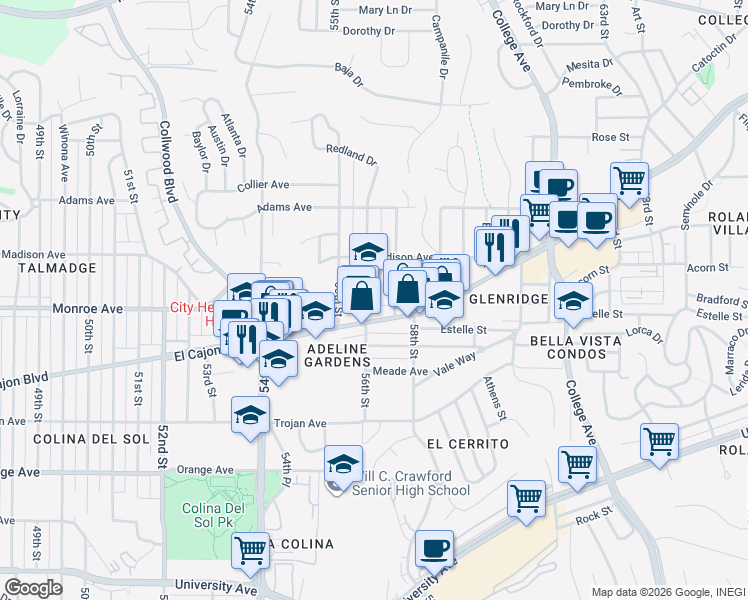 map of restaurants, bars, coffee shops, grocery stores, and more near 4550 56th Street in San Diego