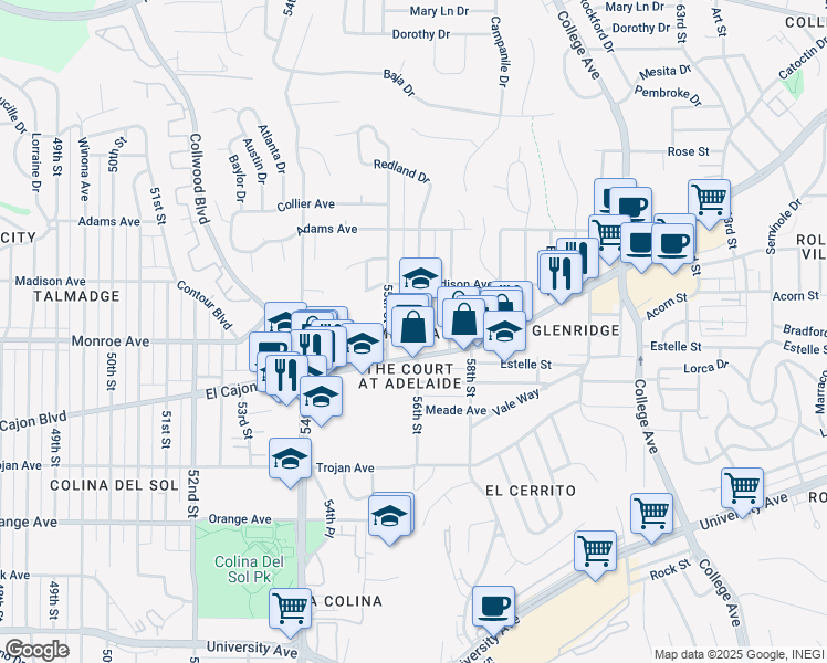 map of restaurants, bars, coffee shops, grocery stores, and more near 4550 56th Street in San Diego