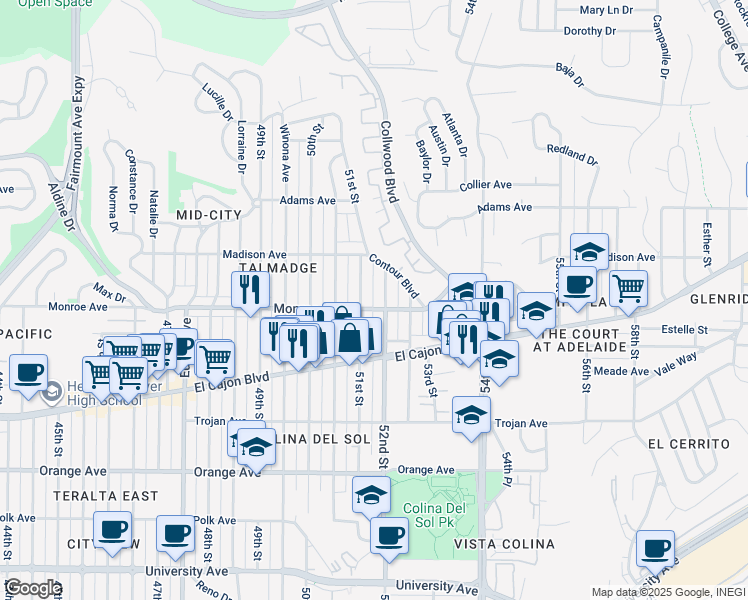 map of restaurants, bars, coffee shops, grocery stores, and more near 4562 52nd Street in San Diego
