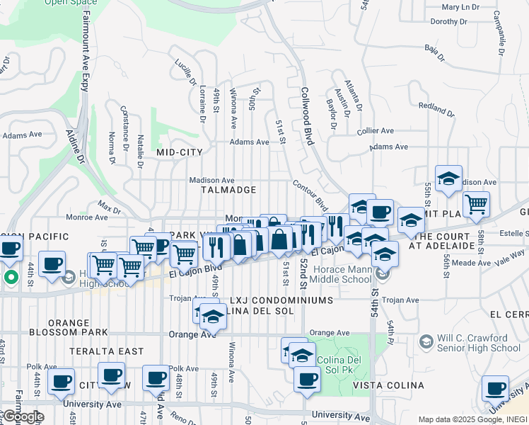 map of restaurants, bars, coffee shops, grocery stores, and more near 4555 Altadena Avenue in San Diego