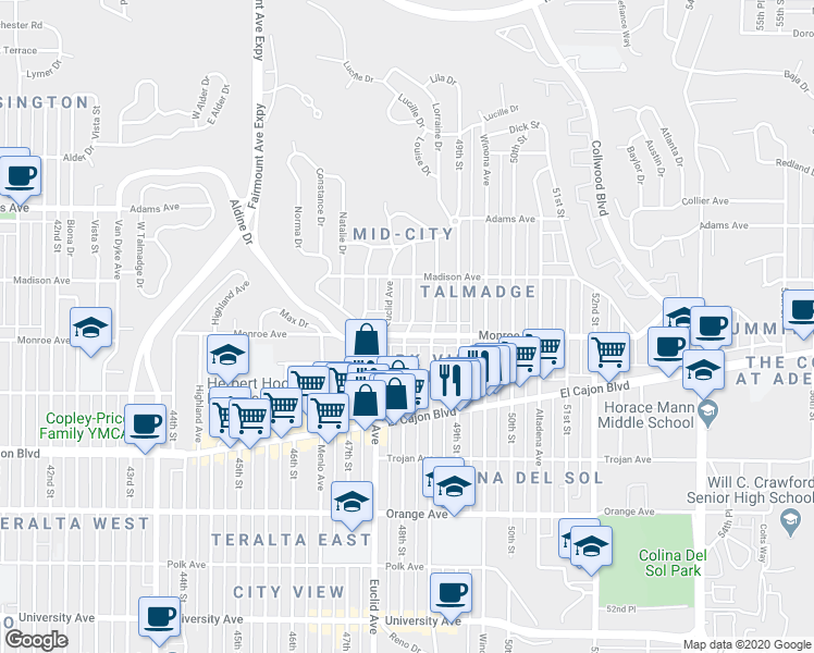 map of restaurants, bars, coffee shops, grocery stores, and more near 4551 Euclid Avenue in San Diego