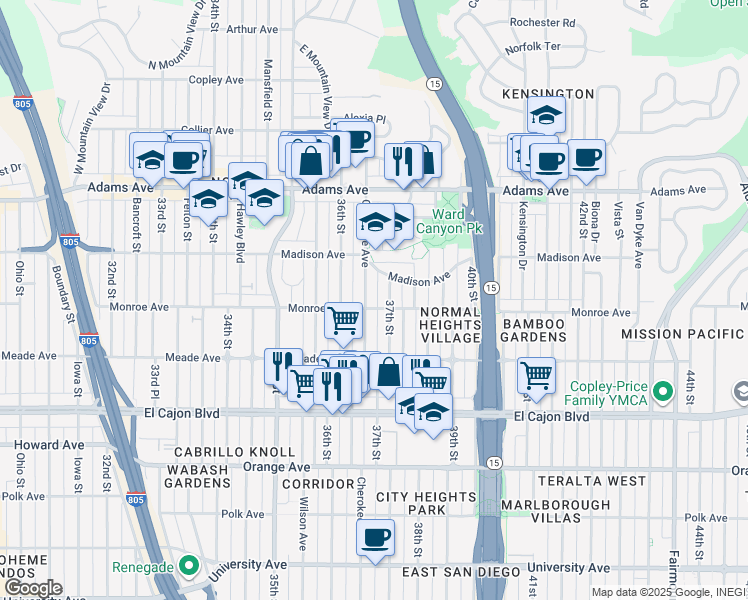 map of restaurants, bars, coffee shops, grocery stores, and more near 4555 Cherokee Avenue in San Diego