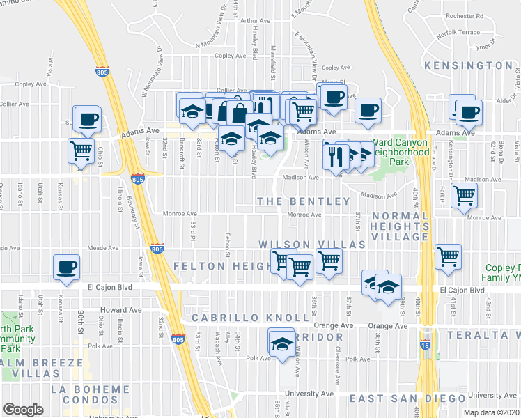 map of restaurants, bars, coffee shops, grocery stores, and more near 4544 35th Street in San Diego