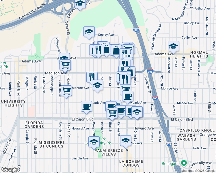 map of restaurants, bars, coffee shops, grocery stores, and more near 4533 Idaho Street in San Diego
