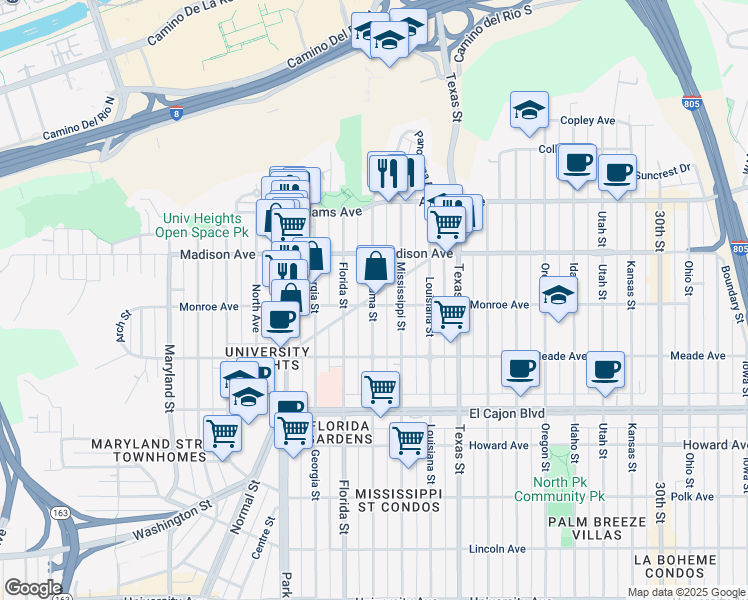 map of restaurants, bars, coffee shops, grocery stores, and more near 4525 Alabama Street in San Diego