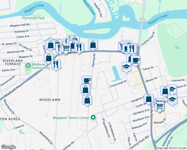 map of restaurants, bars, coffee shops, grocery stores, and more near 247 Fleming Road in Charleston