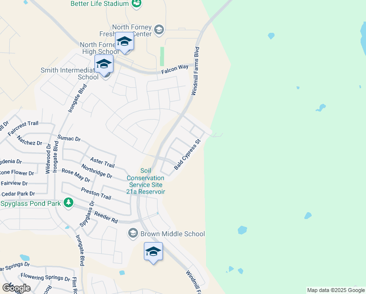 map of restaurants, bars, coffee shops, grocery stores, and more near 8975 Blackhaw Street in Forney