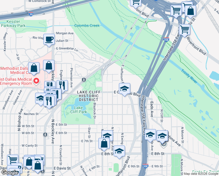 map of restaurants, bars, coffee shops, grocery stores, and more near 925 North Lancaster Avenue in Dallas
