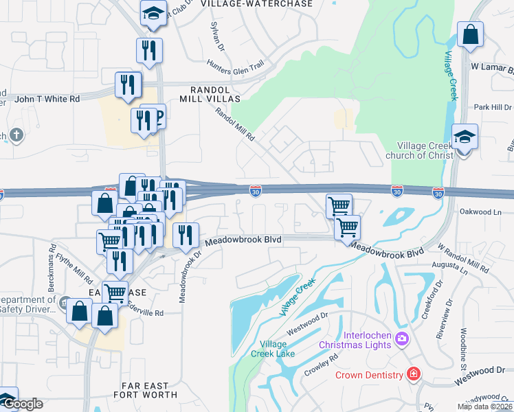 map of restaurants, bars, coffee shops, grocery stores, and more near 1401 Palmnold Circle East in Fort Worth