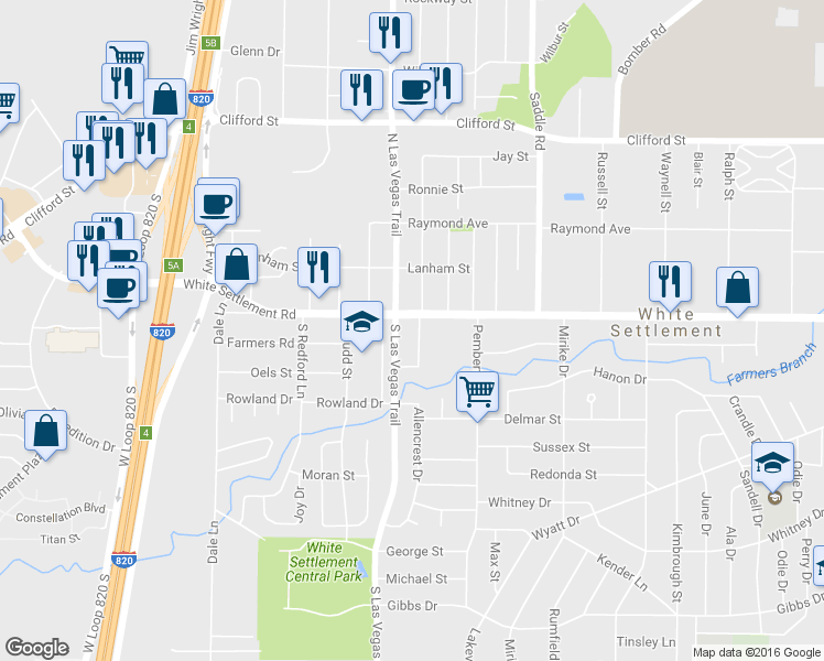 map of restaurants, bars, coffee shops, grocery stores, and more near 100 North Las Vegas Trail in White Settlement