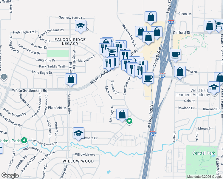 map of restaurants, bars, coffee shops, grocery stores, and more near 9717 Brenden Drive in Fort Worth