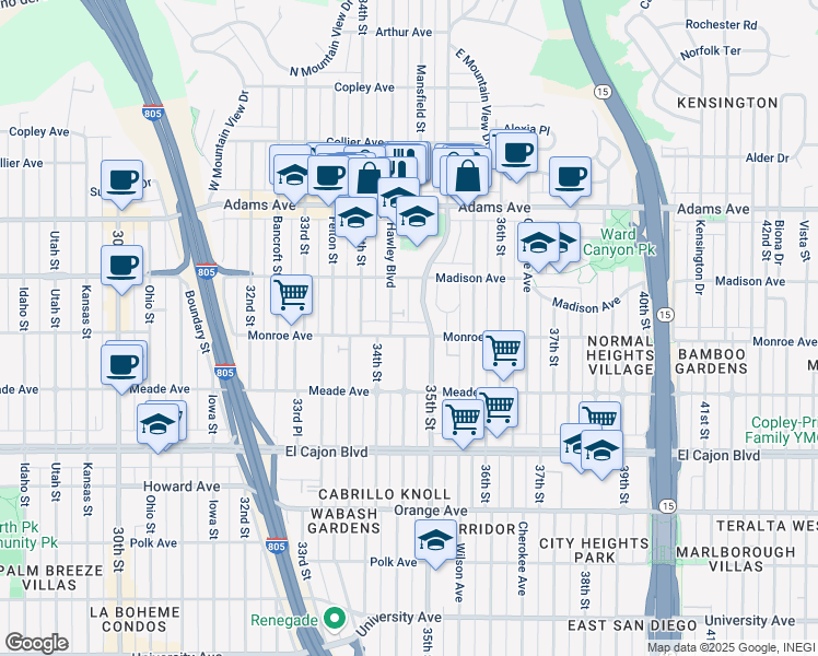 map of restaurants, bars, coffee shops, grocery stores, and more near 4544 35th Street in San Diego