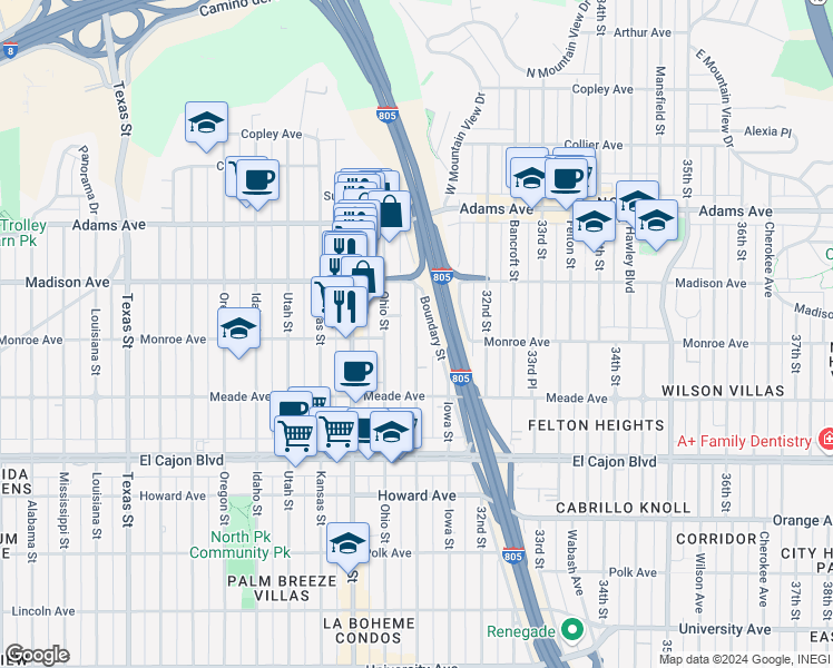 map of restaurants, bars, coffee shops, grocery stores, and more near 4541 Illinois Street in San Diego