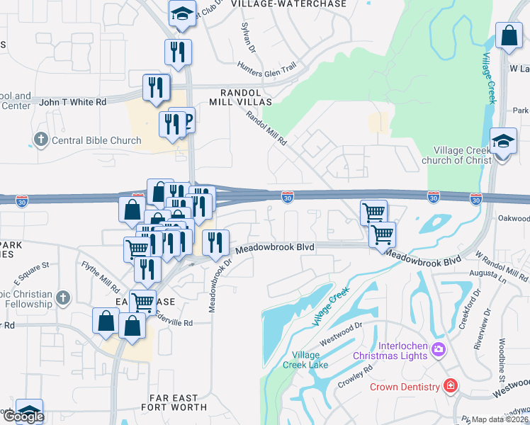 map of restaurants, bars, coffee shops, grocery stores, and more near 1424 Meadowood Village Drive in Fort Worth