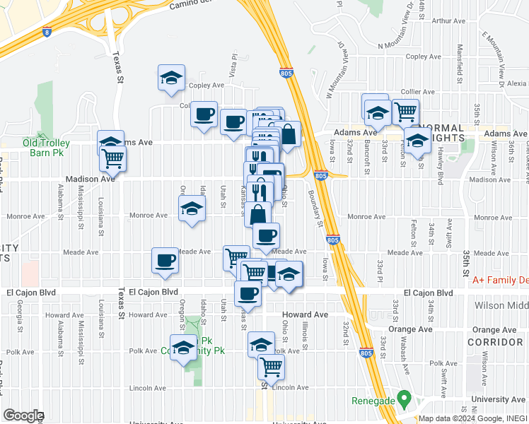map of restaurants, bars, coffee shops, grocery stores, and more near 4542 30th Street in San Diego