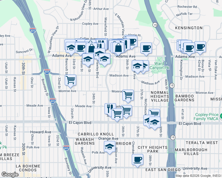 map of restaurants, bars, coffee shops, grocery stores, and more near 4599 35th Place in San Diego