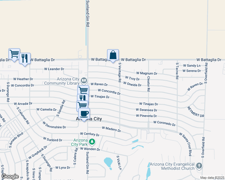 map of restaurants, bars, coffee shops, grocery stores, and more near 9290 West Concordia Drive in Arizona City