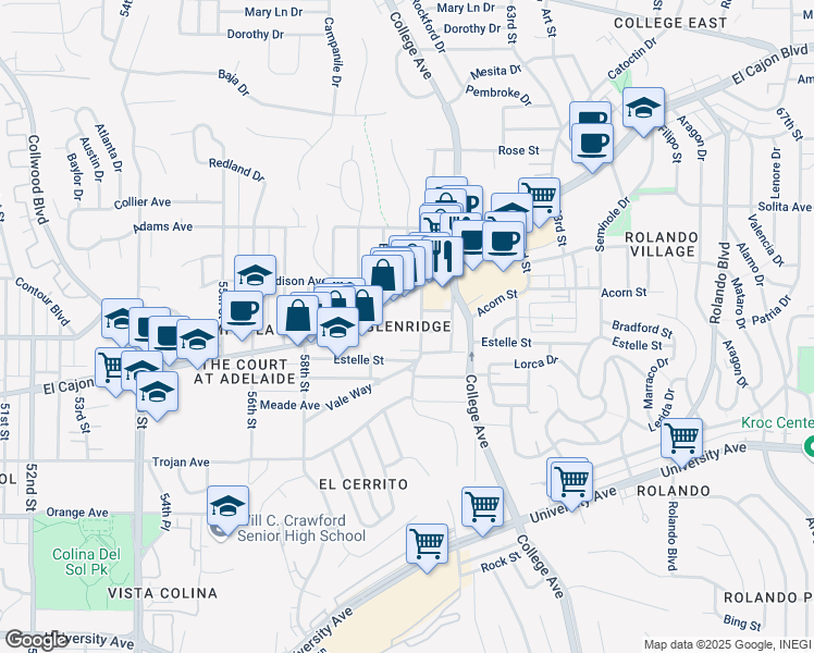 map of restaurants, bars, coffee shops, grocery stores, and more near 4540 60th Street in San Diego