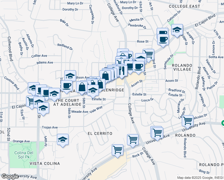 map of restaurants, bars, coffee shops, grocery stores, and more near 5961 El Cajon Boulevard in San Diego