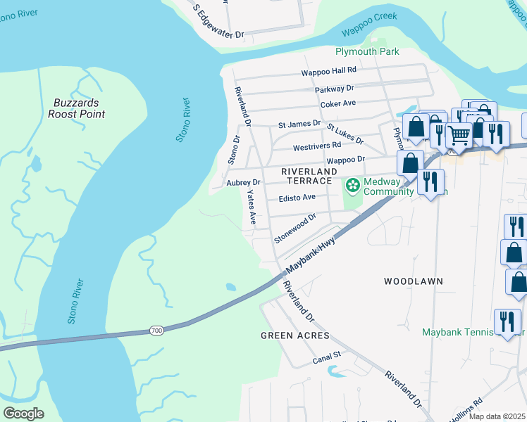 map of restaurants, bars, coffee shops, grocery stores, and more near 230 Yates Avenue in Charleston