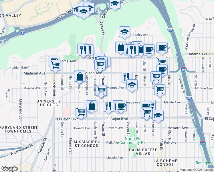 map of restaurants, bars, coffee shops, grocery stores, and more near 2418 Monroe Avenue in San Diego