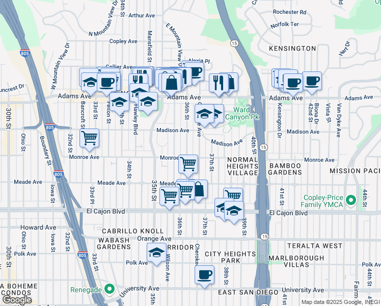 map of restaurants, bars, coffee shops, grocery stores, and more near 4546 36th Street in San Diego