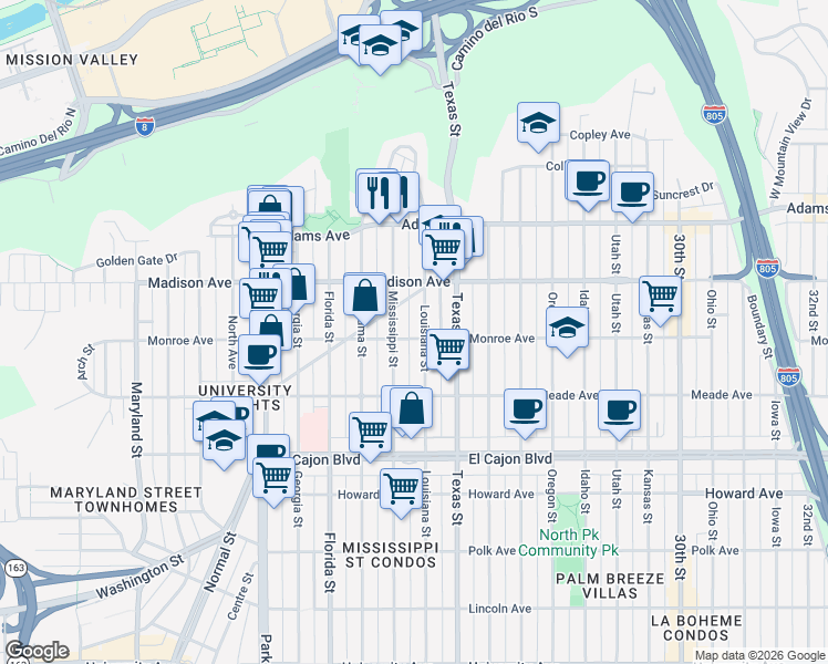 map of restaurants, bars, coffee shops, grocery stores, and more near 2201 Mission Avenue in San Diego