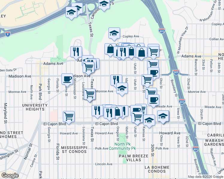 map of restaurants, bars, coffee shops, grocery stores, and more near 4503 Hamilton Street in San Diego